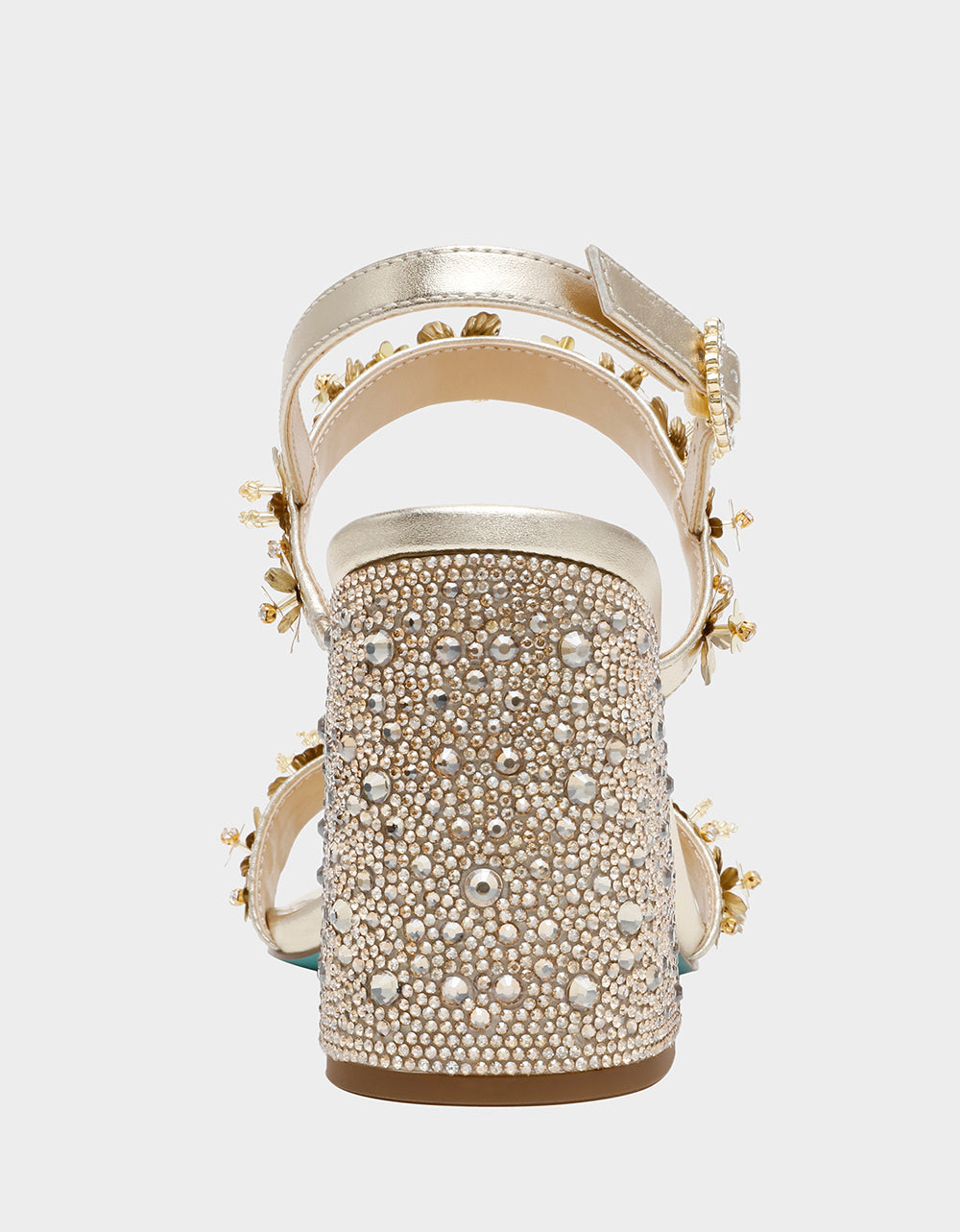 DRUE LIGHT GOLD Strappy Open-Toe Rhinestone Embellished Flower Women's Heel