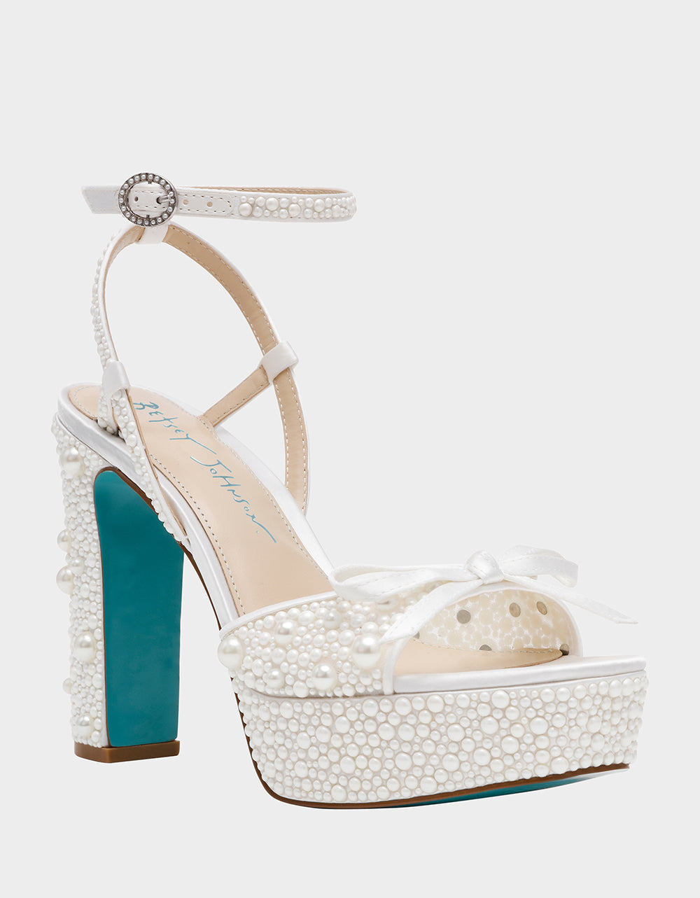 ENOLA PEARL Women's Strappy Block Heel Square-Toe Platform Pearl Embellished Women's Heel