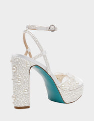 ENOLA PEARL Women's Strappy Block Heel Square-Toe Platform Pearl Embellished Women's Heel