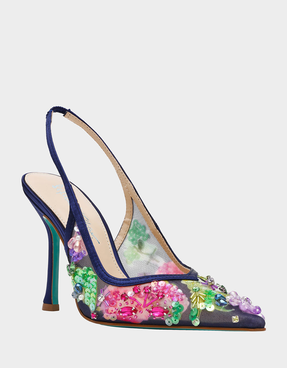 EDDIE NAVY MULTI Women's Floral Embellished Slingback Mesh High Heel
