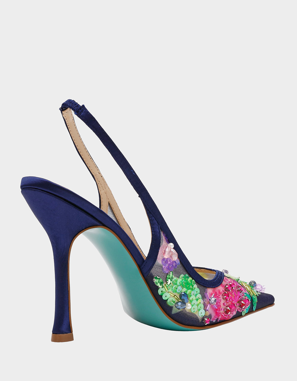 EDDIE NAVY MULTI Women's Floral Embellished Slingback Mesh High Heel