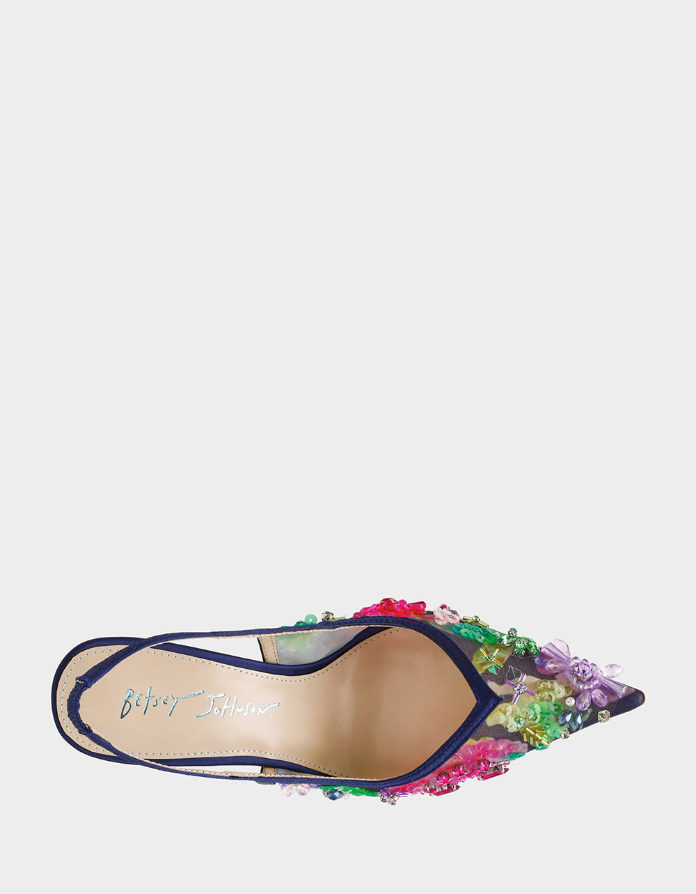EDDIE NAVY MULTI Women's Floral Embellished Slingback Mesh High Heel