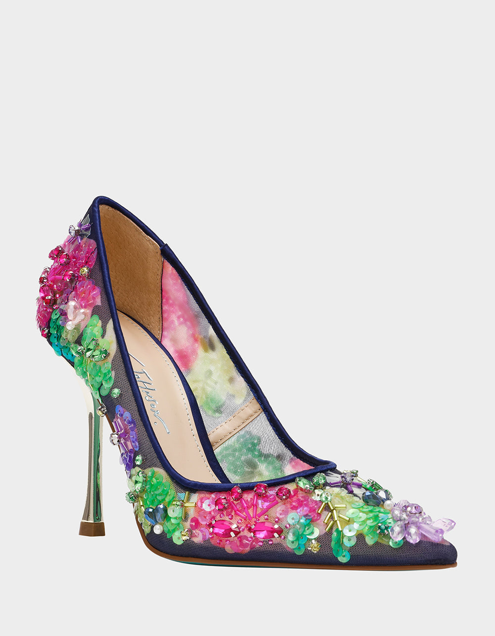 NETTA NAVY MULTI Women's Floral Embellished Navy Mesh High Heel