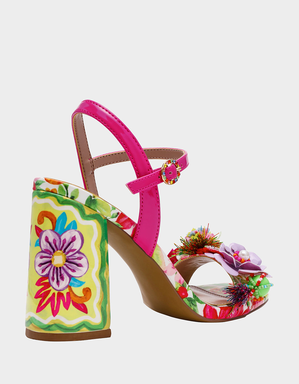 MASEN BRIGHT MULTI Women's Square-Toe Block Heel Floral Decal Heel