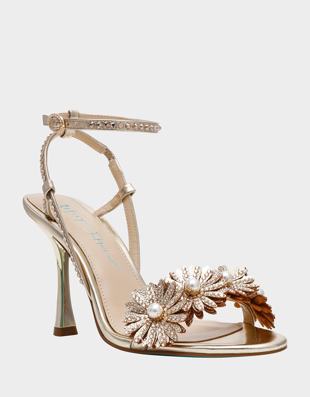 MYLEE GOLD Women's Strappy Open-Toe Floral Rhinestone Embellished Heel