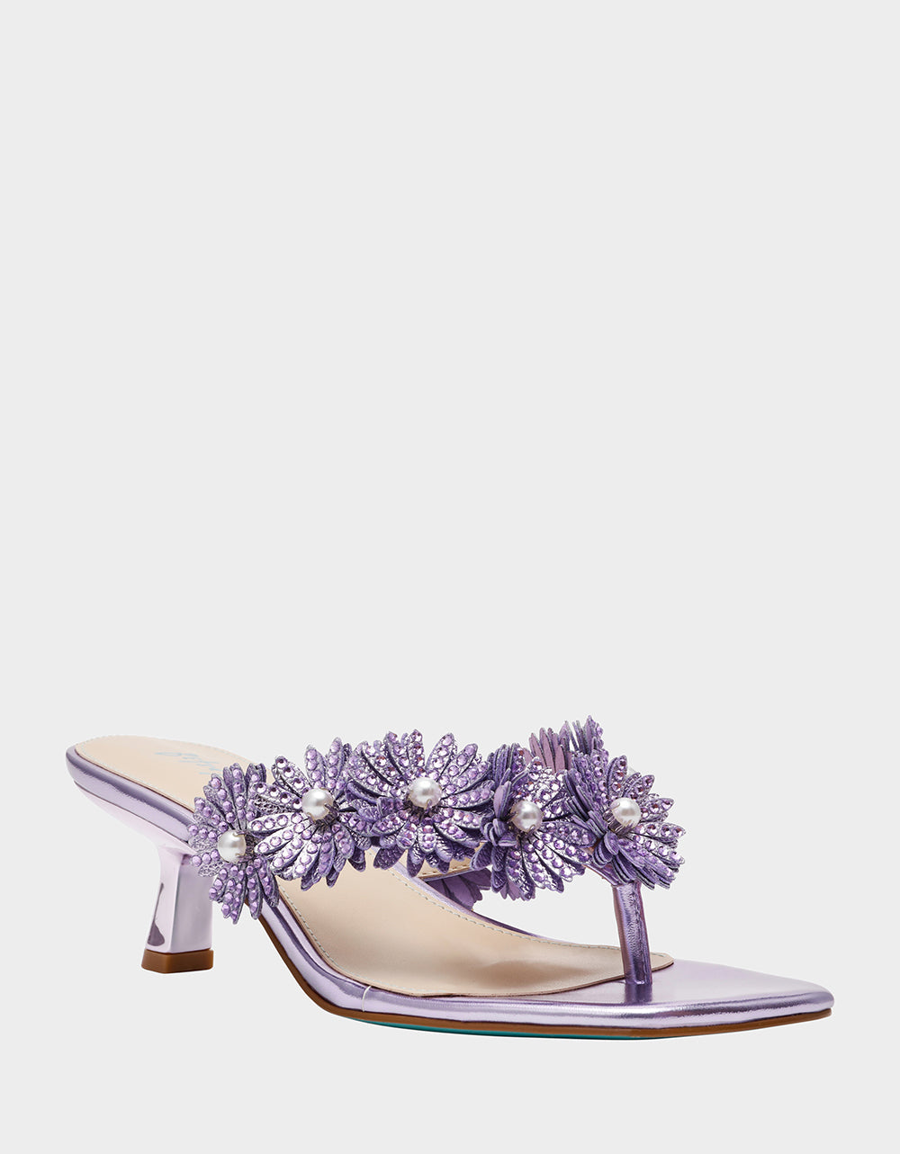 LESLI Purple Women's Square-Toe Mule Kitten Heel Rhinestone Embellished Flower Heel