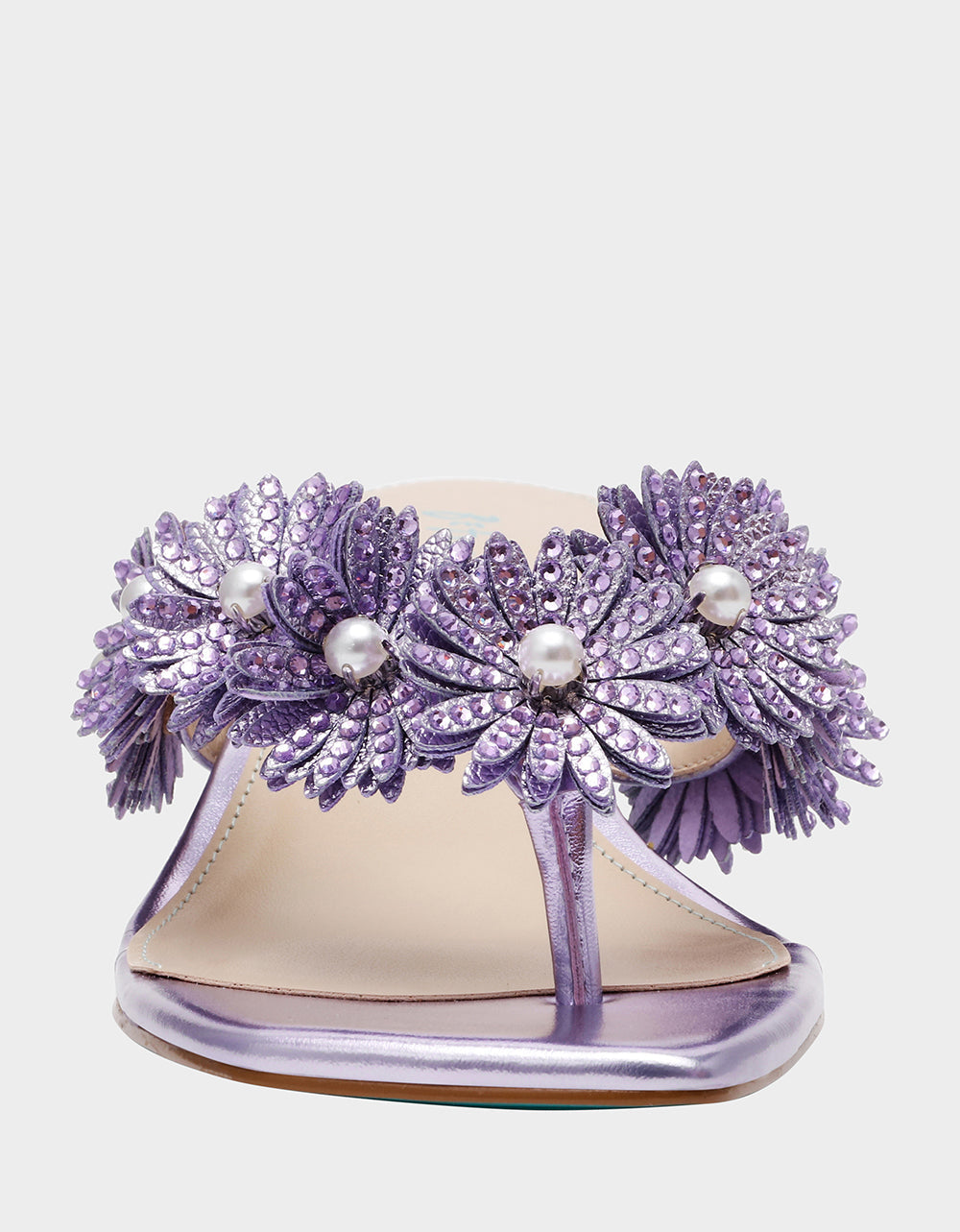 LESLI Purple Women's Square-Toe Mule Kitten Heel Rhinestone Embellished Flower Heel