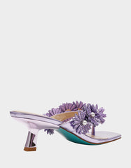 LESLI Purple Women's Square-Toe Mule Kitten Heel Rhinestone Embellished Flower Heel