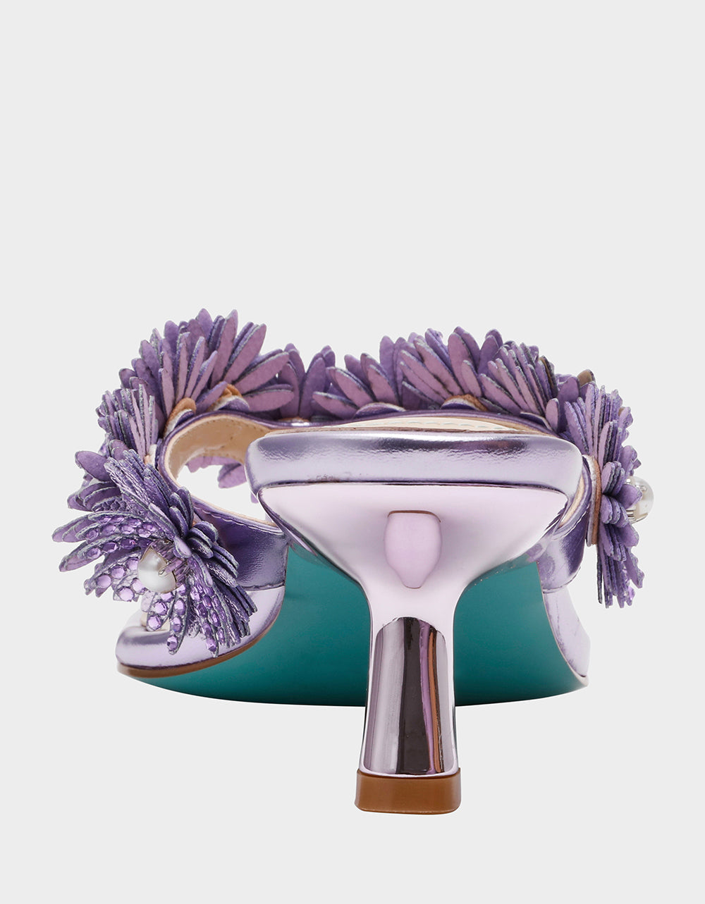 LESLI Purple Women's Square-Toe Mule Kitten Heel Rhinestone Embellished Flower Heel