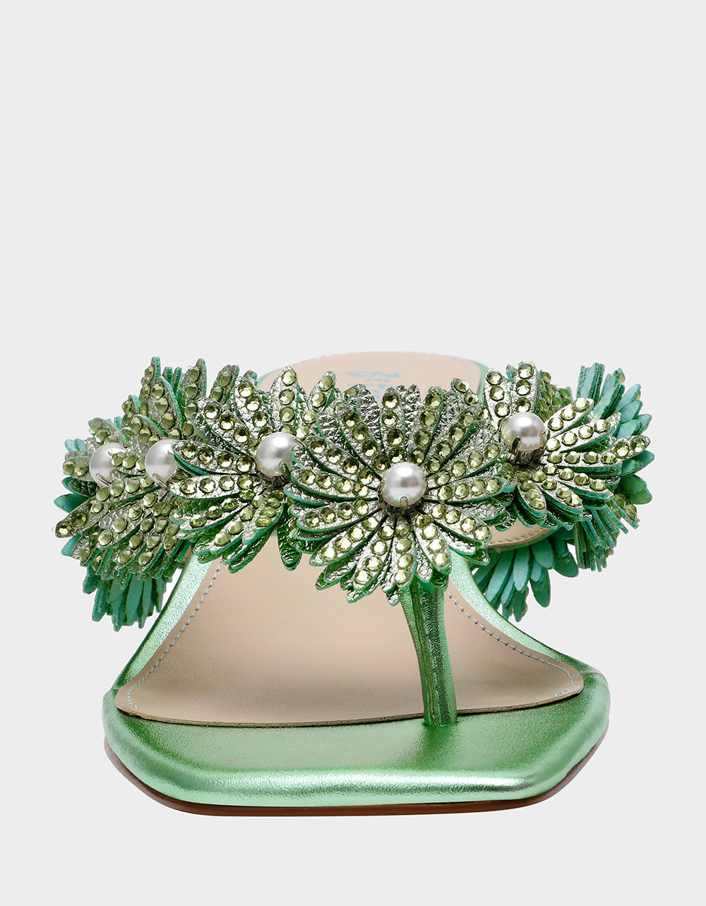 LESLI Mint Women's Square-Toe Mule Kitten Heel Rhinestone Embellished Flower Heel