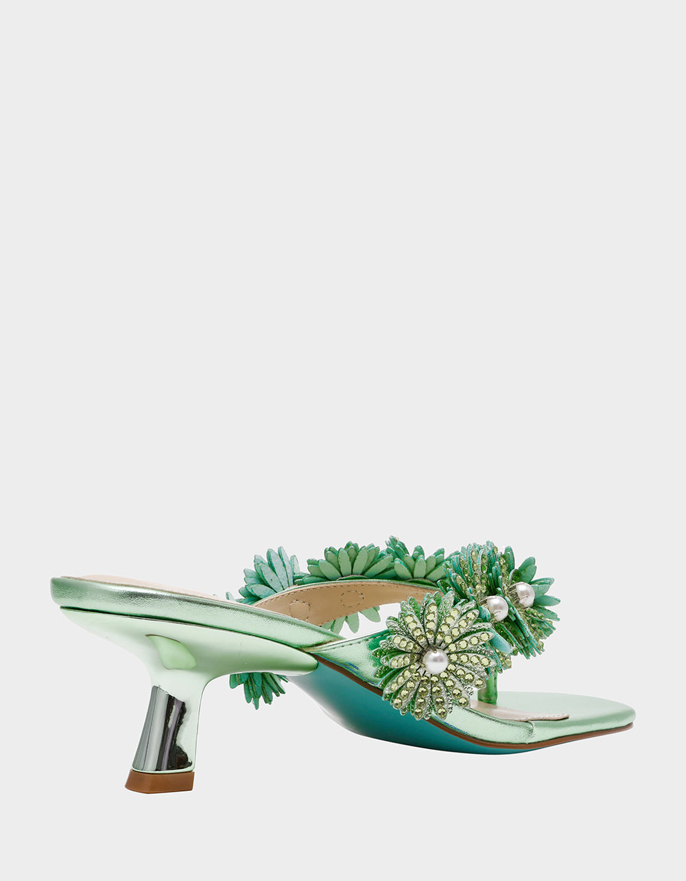 LESLI Mint Women's Square-Toe Mule Kitten Heel Rhinestone Embellished Flower Heel