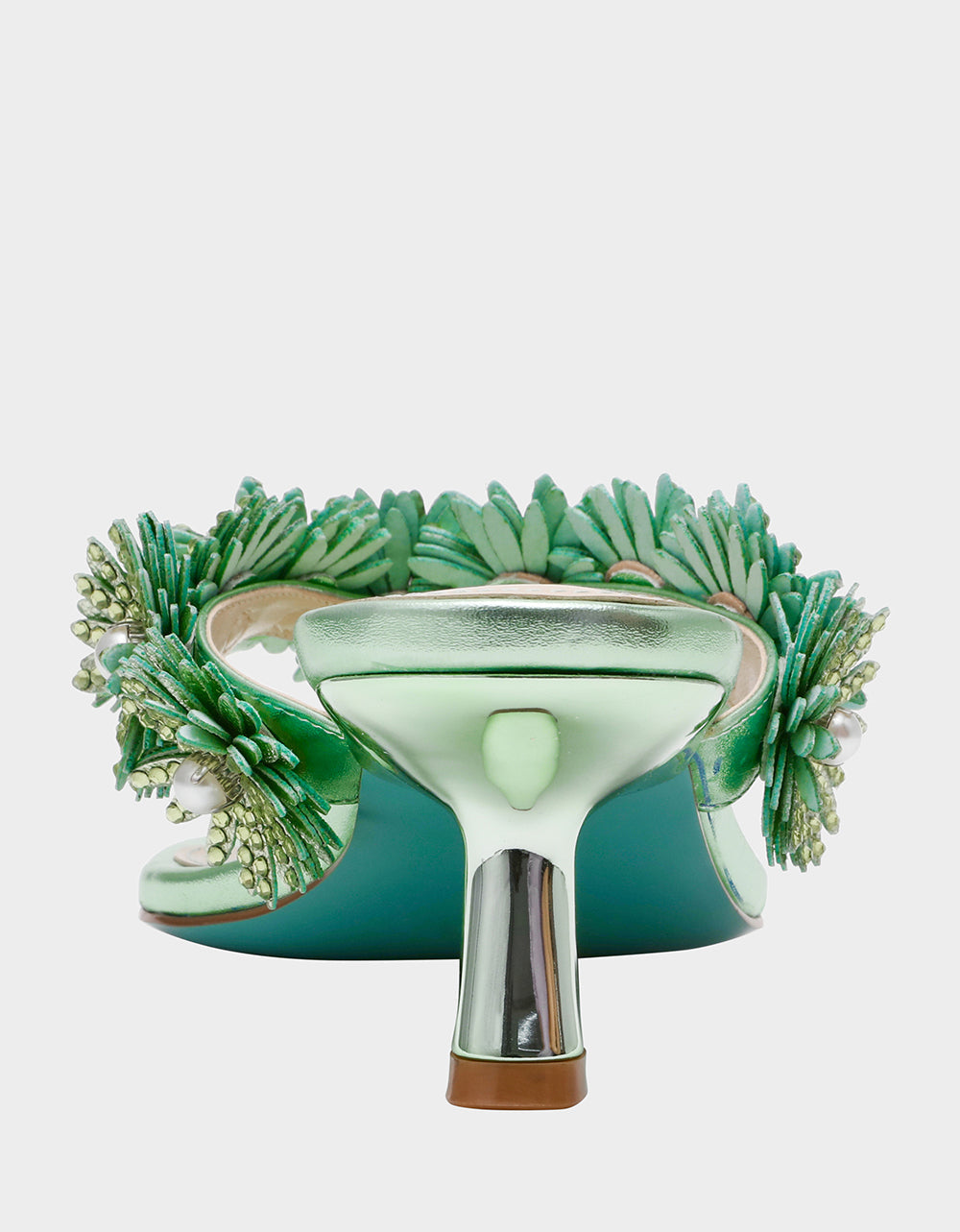 LESLI Mint Women's Square-Toe Mule Kitten Heel Rhinestone Embellished Flower Heel