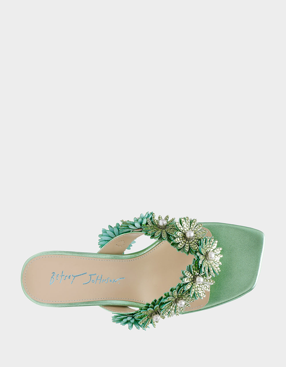 LESLI Mint Women's Square-Toe Mule Kitten Heel Rhinestone Embellished Flower Heel