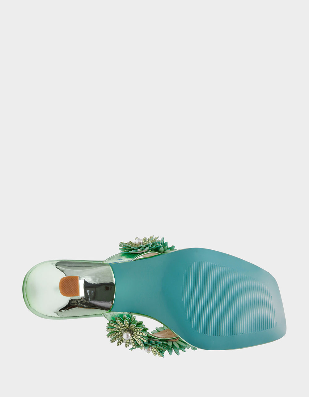 LESLI Mint Women's Square-Toe Mule Kitten Heel Rhinestone Embellished Flower Heel