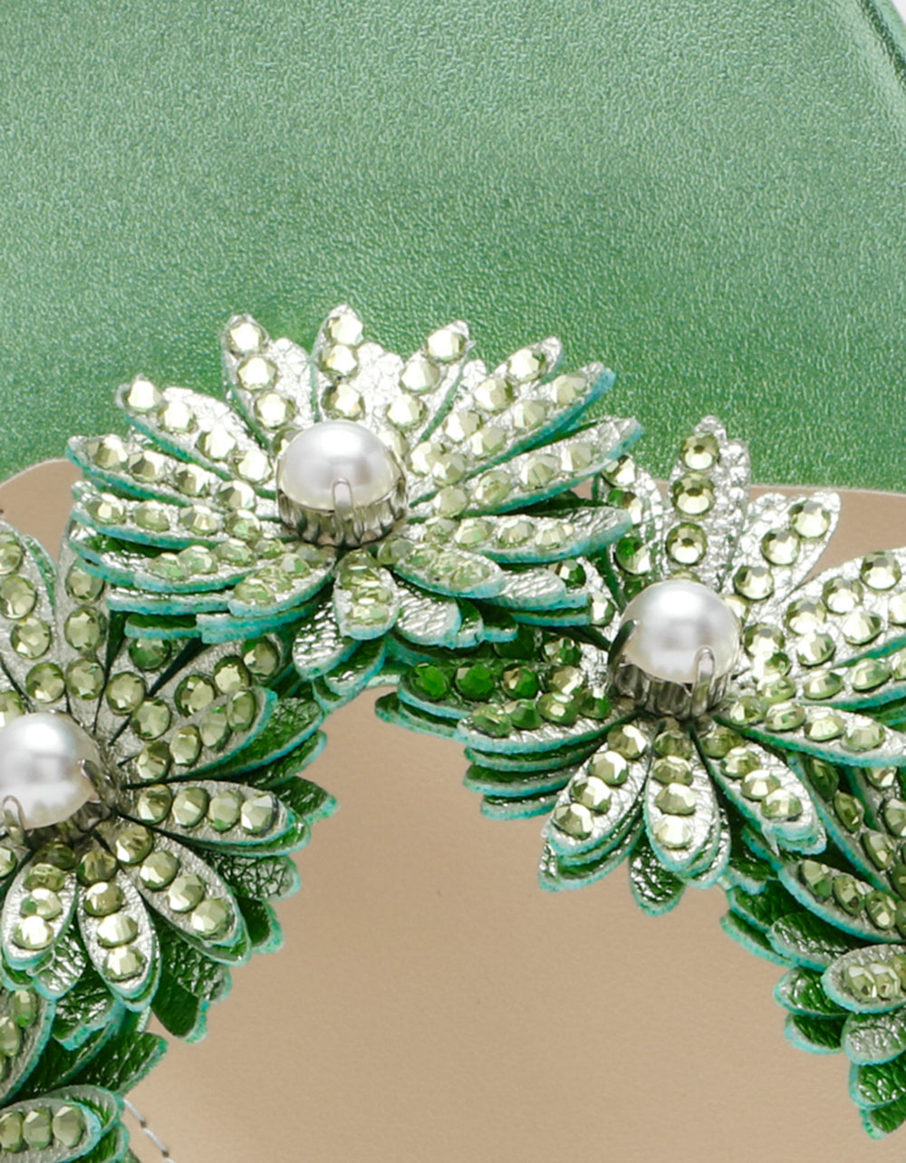 LESLI Mint Women's Square-Toe Mule Kitten Heel Rhinestone Embellished Flower Heel