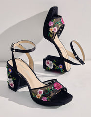 KENNI BLACK MULTI FLORAL Platform Block Heel Floral Print Mesh Women's Sandal