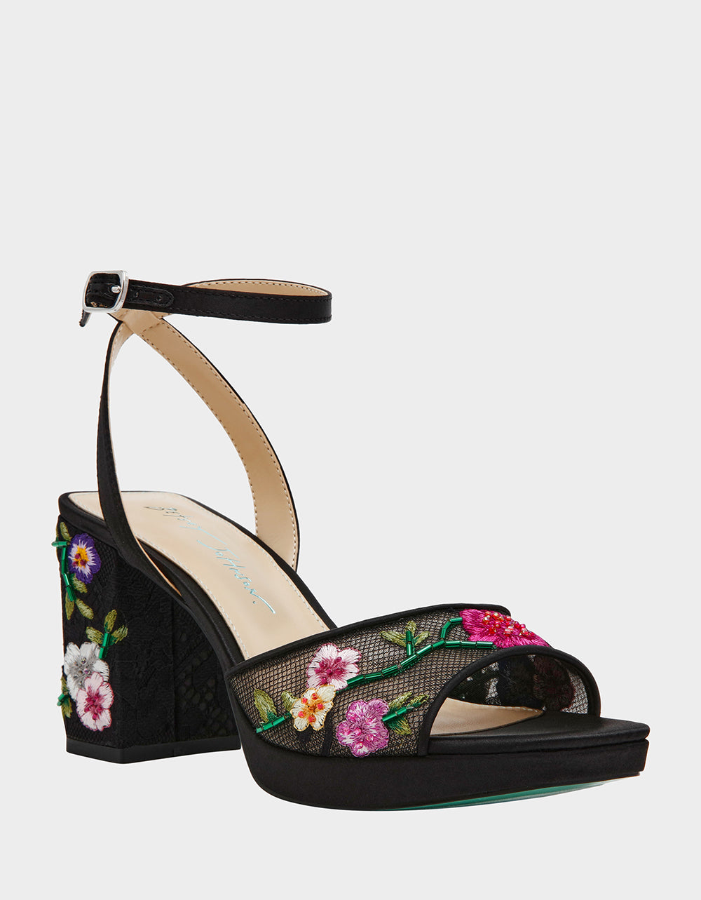 KENNI BLACK MULTI FLORAL Platform Block Heel Floral Print Mesh Women's Sandal