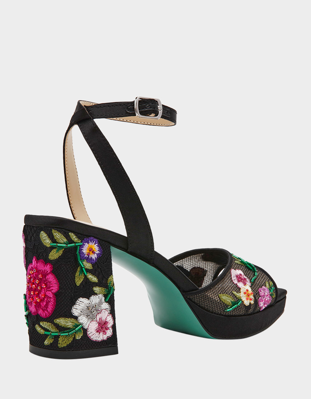 KENNI BLACK MULTI FLORAL Platform Block Heel Floral Print Mesh Women's Sandal